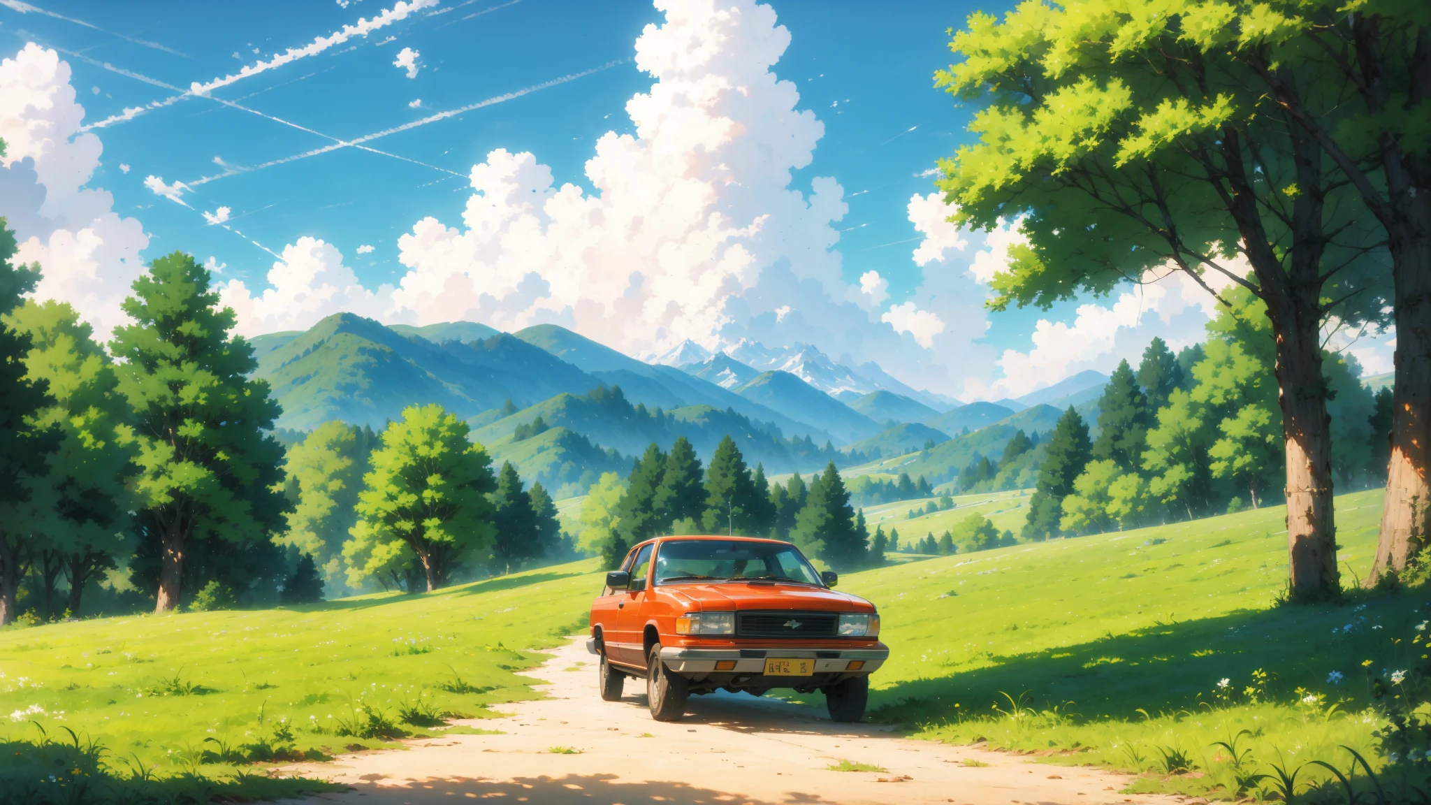 Green scene blue sky building bush cloud cloudy sky condensation trail day field flower forest grass ground vehicle hill horizon landscape mountain mountainous horizon nature no humans on grass outdoors overgrown path plant river road rock scenery sky summer tree tree shade tree stump under tree anime scene Ghibli a red car parked on the grass with a small path stretching into the distance. The background is a forest rural scenery with distant mountains and sky,