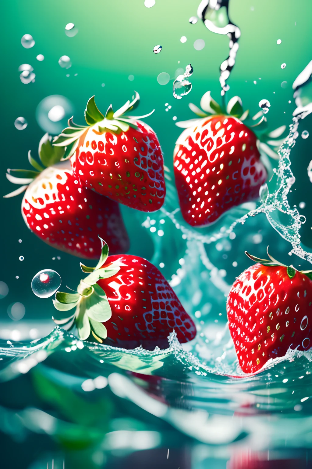 no humans,Photographic, fruit, strawberry,water splashing, splashing, multiple others, realistic, Bubbles,blur, fruit poster,<lora:ç»å¨çé²è¶
å¸fruit poster_v1.5:0.9>,green background,