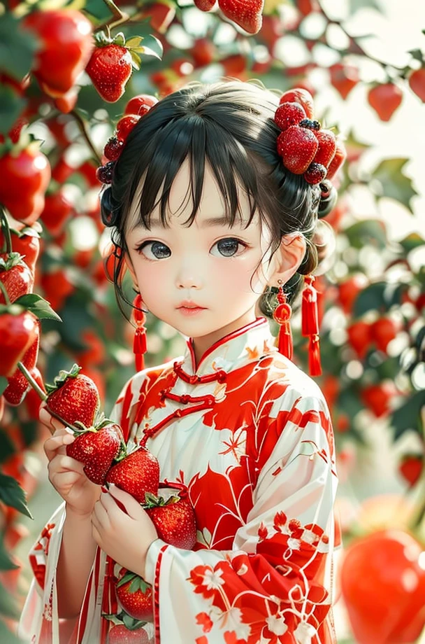 child, child-HXZ, Hanfu, 1girl, solo, chinese clothes, black hair, hair ornament, earrings, looking at viewer, jewelry, black eyes, blurry, holding, upper body, fruit, food, lips
 <lora:Fruit Story-HXZ:0.75>