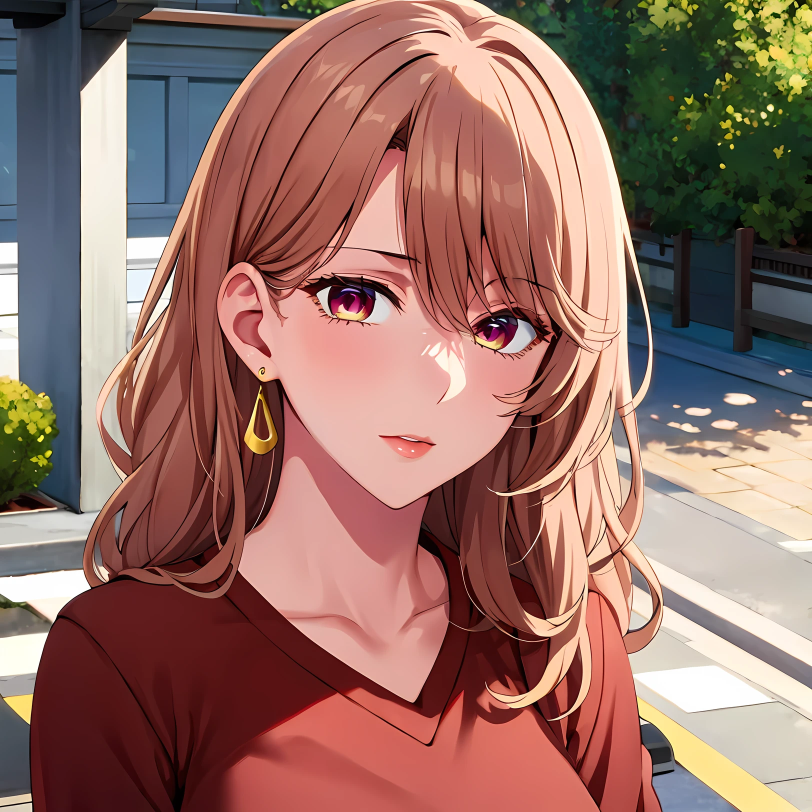 (masterpiece,hires), (2.5D:0.2), attractive woman, 1girl, long hair, miyakosaitou,(mature female) , female focus,jewelry , earrings, jacket , red shirt,,   outdoors. , simple background,  looking at viewer, natural lighting,     <lora:me_miyakoSaitou-08-ud:0.7>