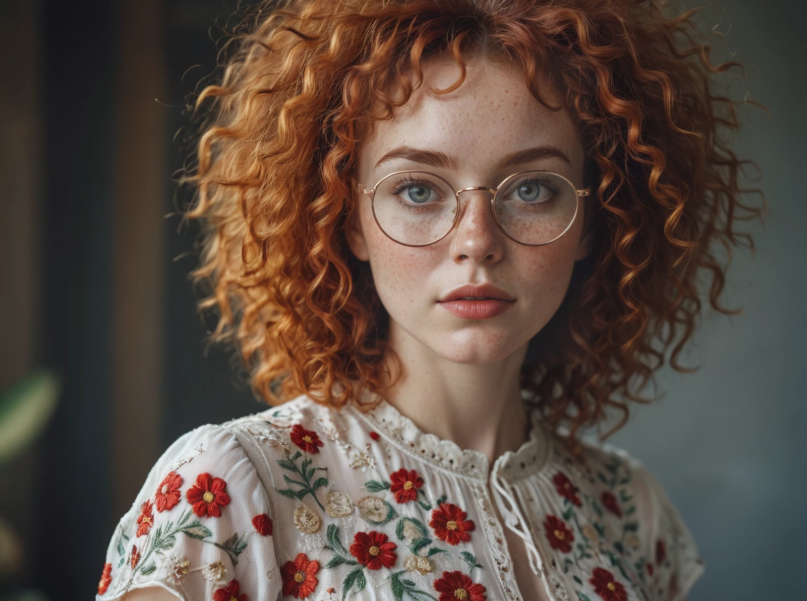 Pretty eyes,(beautiful sexy woman with freckles:1.4),ï¸ï¸Loose Curly Afro hair,red hair,thin and round glasses,wearing a detailed embroidered dress,stunning 8k close-up fashion photo,<lora:d\EnvyZoomSliderXL01:-0.7>