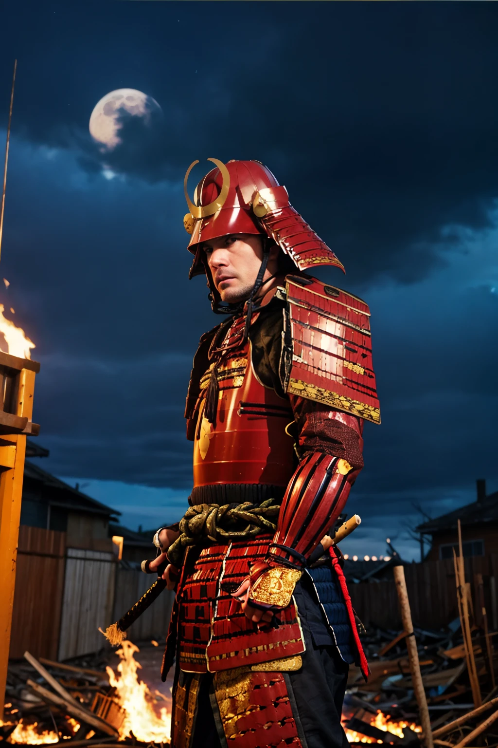 best quality, masterpieces,
a man, angry face, stare eyes, (pov),
midnight, dark sky, moon, background on fire, dark theme, standing in front of devastated houses, ruins background,
samurai armor, samurai helmet, golden symbol on helmet,
heavy shadow, film photography, soft focus, detailed skin, matte skin, soft lighting, subsurface scattering, realistic,
<lora:hina_samurai_armor_v14:0.7>