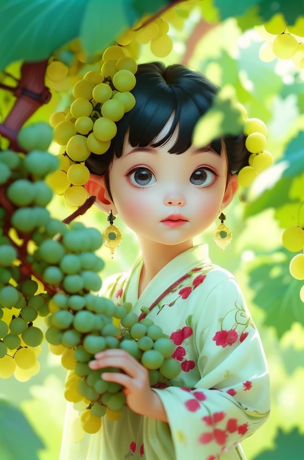 child, child-HXZ, Hanfu, 1girl, solo, earrings, jewelry, fruit, black hair, looking at viewer, food, blurry, leaf, lips, realistic, black eyes, sunlight
 <lora:Fruit Story-HXZ:0.75>