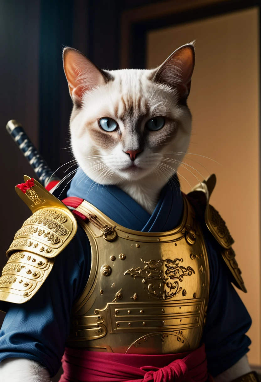 inkpunk, anthropomorphic Siamese Cat Samurai, (samurai armor:1.2), Japanese painting style, holding a katana, cinematic lighting, golden ratio, perfect composition, elegant, no crop, 4k, sharp focus, masterpiece, backlight, cinematic, highly detailed, extremely colorful, vibrant, dark, moody lighting