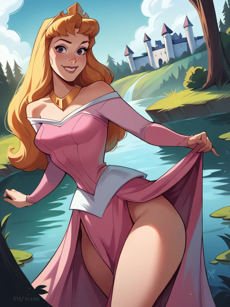 score_9, score_8_up, score_7_up, score_6_up, AuroraXLP skirt lift, single bare leg, pink dress, fluffy skirt, bright dress, princess, tiara, purple eyes, sexually suggestive, nsfw, medium breasts, narrow waist, wide hips, thick thighs, looking at viewer, cowboy shot, cartoon, dynamic pose, smile, cute, wide shot, solo, forest, lake, magic vibe, castle, disney, dutch angle, realistic,
<lora:AuroraXLP_character:0.85>