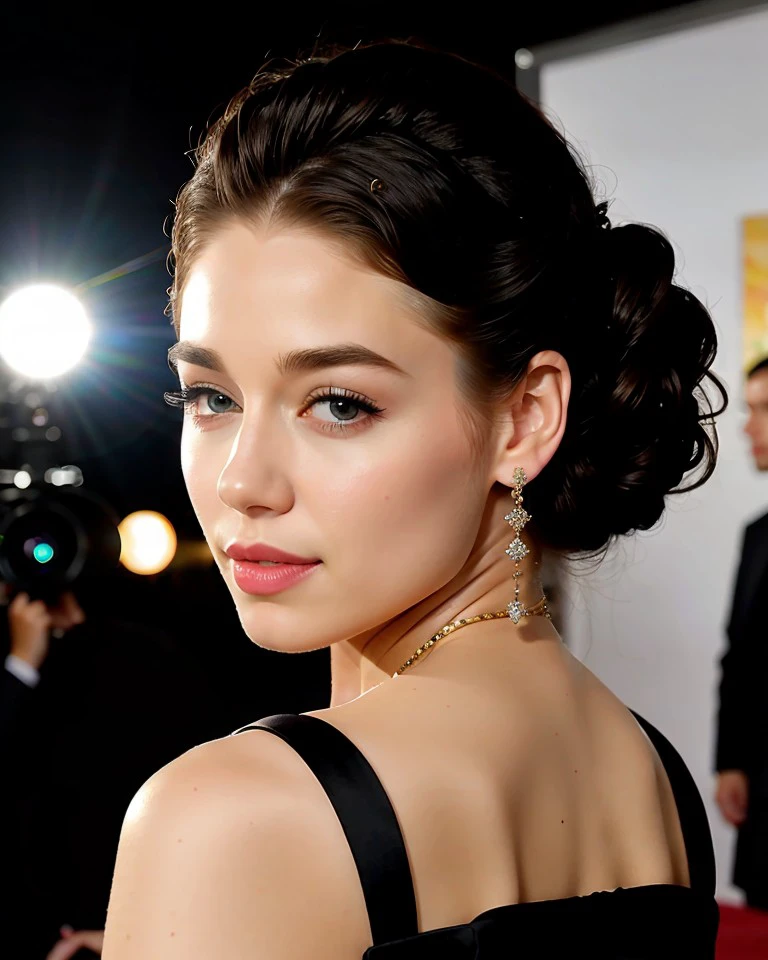 Chz-JadeT, 8k, RAW photo of 1girl as a star of Old Hollywood, close-up, face focus, vintage designer dress, eye-catching jewelry, expertly applied cosmetics, elegant updo, on the red carpet, 1940s glamor, outside, evening, posing for the press, the golden age of film, artistic composition, volumetric lighting, (meticulously-detailed, Ultra-HD-realistic:1.3), (perfect eyes, masterpiece, best quality:1.5),