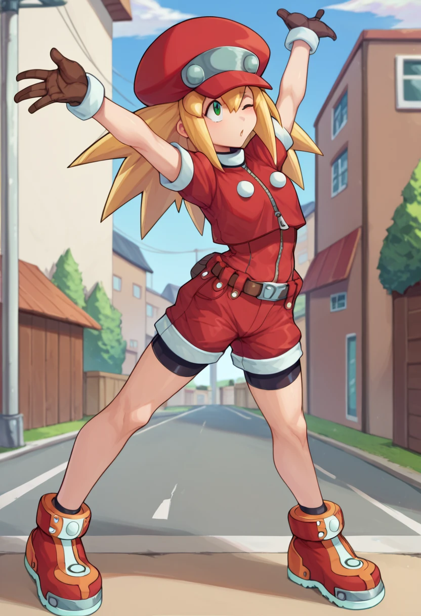 rating_explicit, score_9, score_8_up, score_7_up, score_6_up, score_5_up, score_4_up, by ishikawa hideki,
<lora:RollCaskettMegamanPonybyRR:1>, roll caskett (mega man), hair between eyes, bangs, long hair, spiked hair, blonde hair, green eyes, red cabbie hat, brown gloves, short sleeves, brown belt, red bodysuit, zipper, bike shorts under red bodysuit, red boots,
1girl, full body, standing, stretching, one eye closed, arched back,
dynamic shot, outdoors, street,