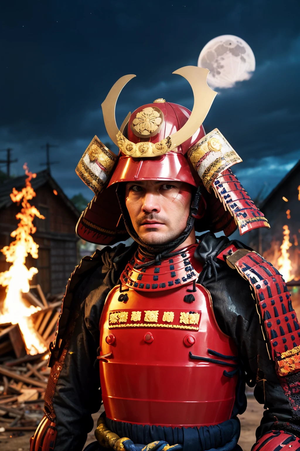 best quality, masterpieces,
a man, angry face, stare eyes, (pov), full-length portrait,
midnight, dark sky, moon, background on fire, dark theme, in front of devastated houses, ruins background,
samurai armor, samurai helmet, golden symbol on helmet,
heavy shadow, film photography, soft focus, detailed skin, matte skin, soft lighting, subsurface scattering, realistic,
<lora:hina_samurai_armor_v14:0.7>