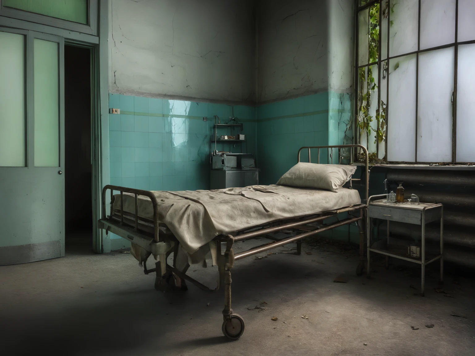 <lora:JJsAbandonedHospital_XL:1>,   ((Abandoned Hospital)), ((masterpiece)), ((best quality)), scenery, indoor, real world location, table, chair,  realistic, dramatic lighting, high detailed, center composition,  door, window, bed,  hall way, vine, lamp, desk, bottle, building, curtain,box,scenery,desk,bookshelf,cardboard box, sink,faucet, , corridor, stair, tile floor, dramatic lighting, best quality, hyper detailed, ultra detailed, ultra high definition, 8k, super sharp focus, golden ratio, great detail of textures,