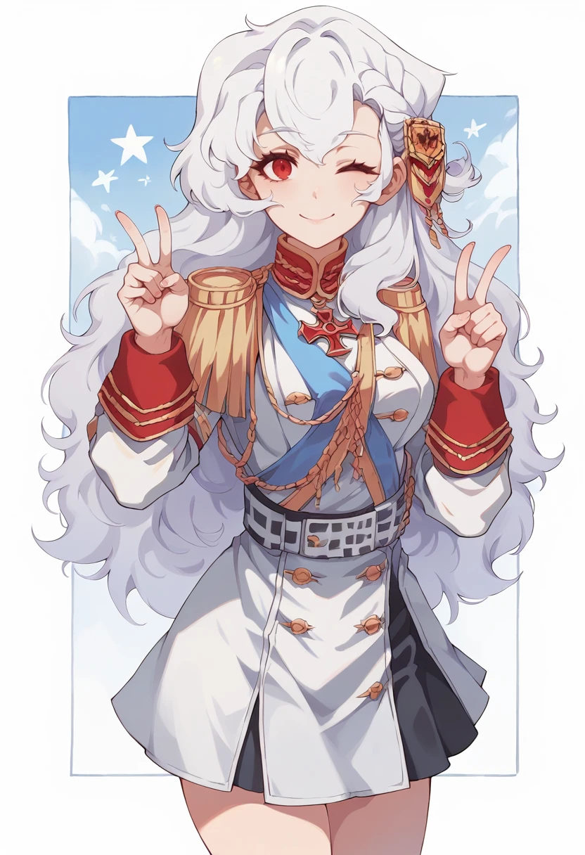 score_9,score_8_up,score_7_up, <lora:Alpha1918:1.2> 1girl, long hair, white hair, red eyes, alpha1918, white outfit, mini black skirt, blue stripe, middle breasts, standing, v pose, smile, one eye closed, detailed background