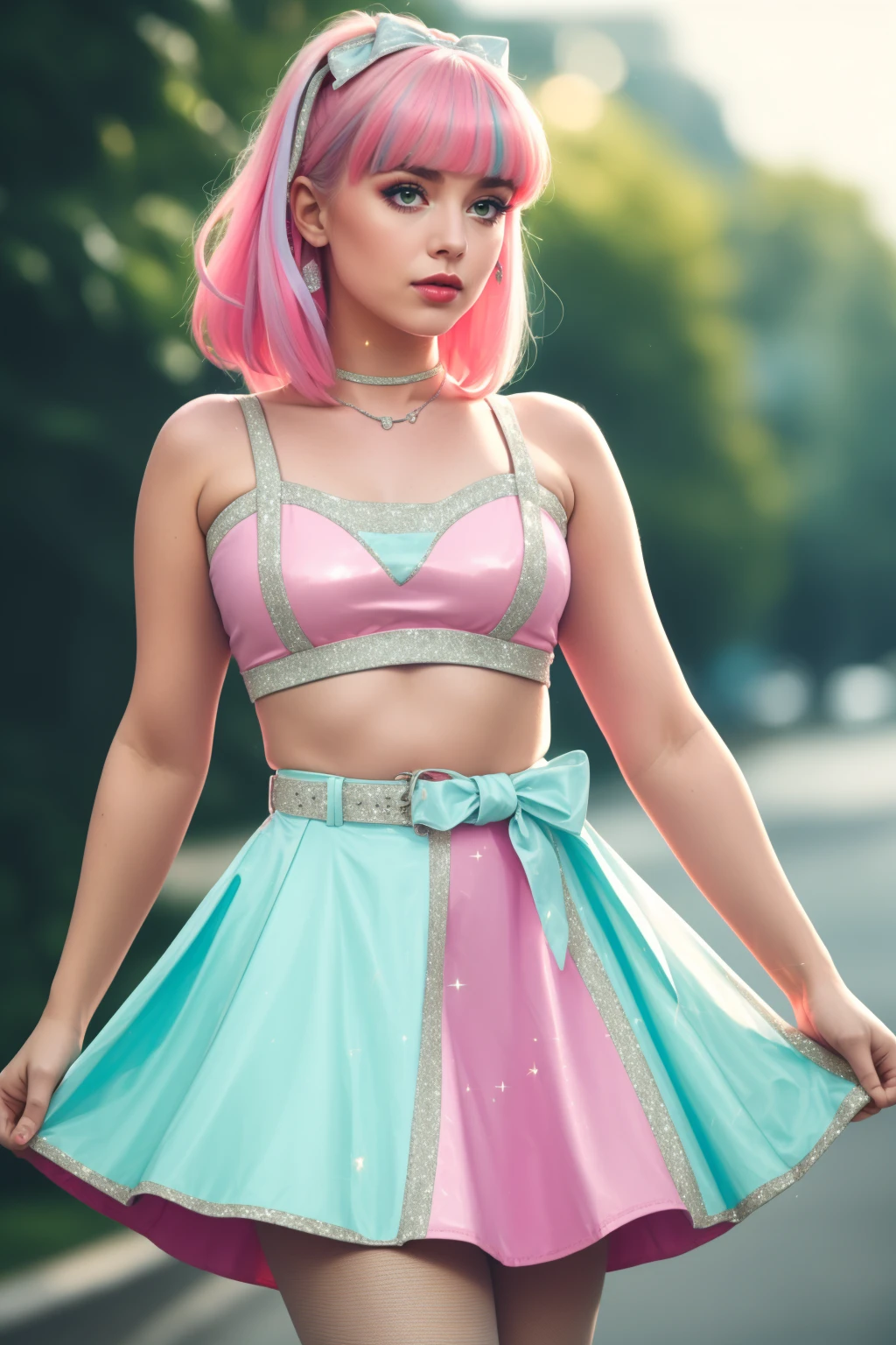 cinematic film still adult beautiful woman, solo, high quality, best quality, highres, high detail, <lora:KPD-42:0.8>,  dr3ss, necklace, (bows, ribbons), blue, pink, multicolored dress, silver trim, midriff, glitter, sparkles, belt,  high heels,  eyeliner, eyeshadow, makeup, (rouge) strawberry blonde hair slick middle part, (emerald hair chain:1.2),   . shallow depth of field, vignette, highly detailed, high budget, bokeh, cinemascope, moody, epic, gorgeous, film grain, grainy