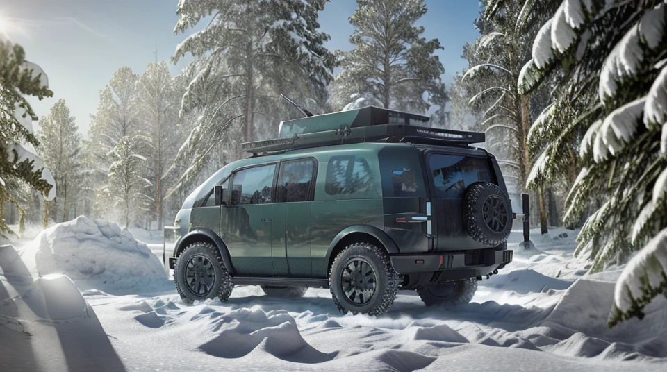 Professional photography of a green (Canoo style) military armored car in the snow<lora:Canoo_style:1>