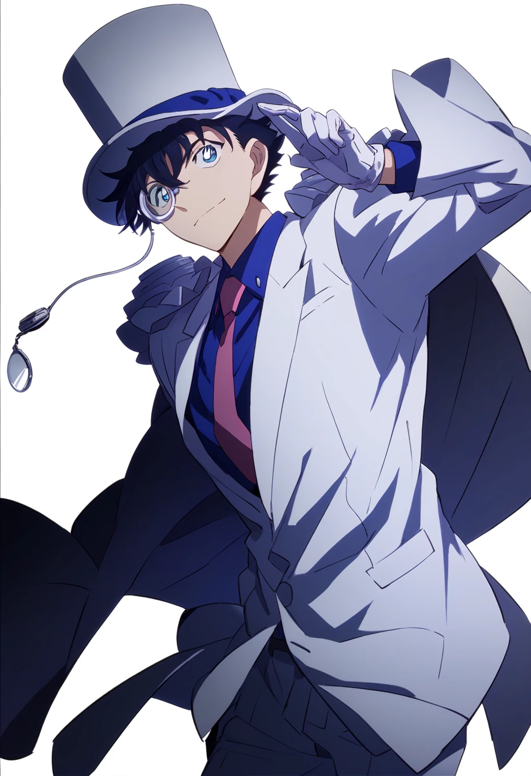 score_9, score_8_up, score_7_up, score_6_up, 1boy, kaito kid, brown hair, blue eyes, monocle, white top hat, blue shirt, red necktie, white cape, pauldrons, white pants, white shoes, official art, best quality, amazing quality, best aesthetic, absurdres, solo<lora:EMS-345883-EMS:1.000000>, <lora:EMS-338448-EMS:1.000000>