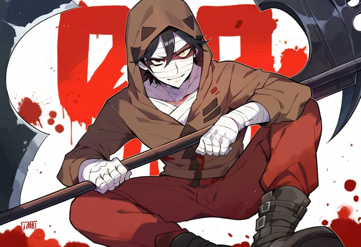 (score_9, score_8_up:1.1), score_7_up, isaac foster, 1boy, black hair, hood up, black eyes, yellow eyes, heterochromia, bandages, bandaged head, bangaded body, brown hoodie, red pants, holding scythe, front view, spreading legs, white background, smile, looking at viewer, serious, blood, back alley