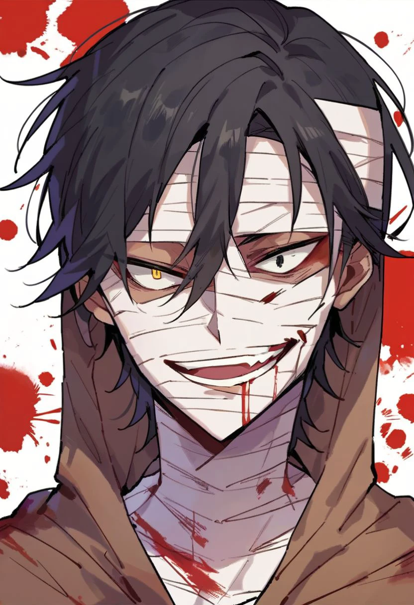 (score_9, score_8_up:1.1), score_7_up, isaac foster, 1boy, black hair, black eyes, yellow eyes, heterochromia, bandages, bandaged head, bangaded body, brown hoodie, looking at viewer, smile, bloody background