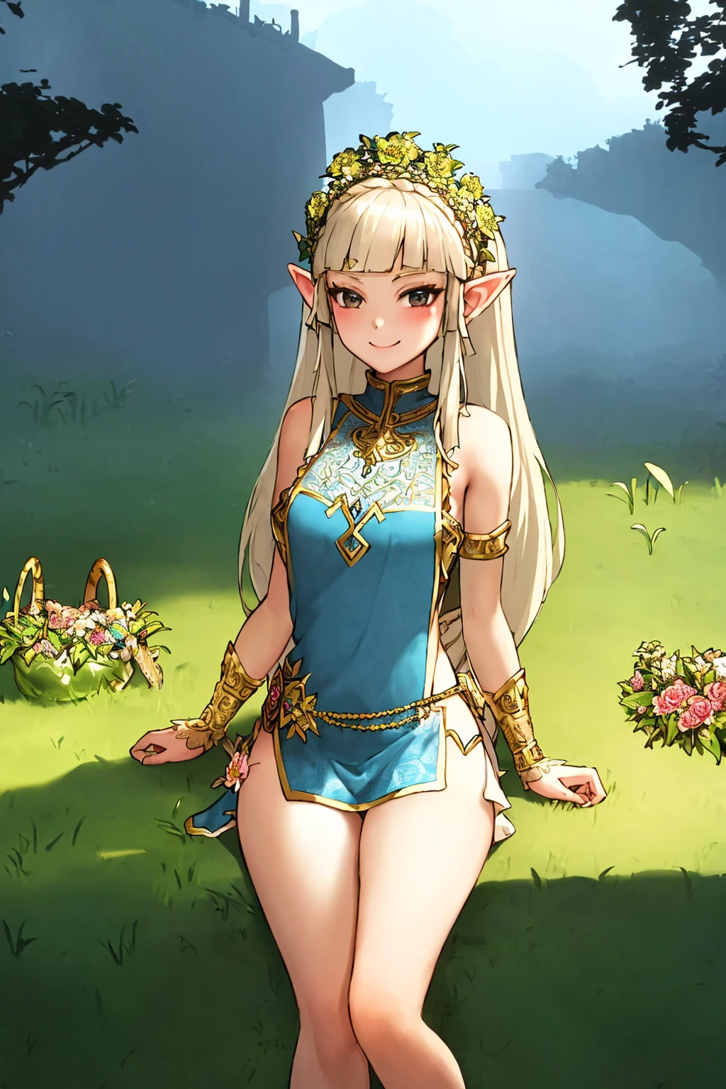 masterpiece, ultra-detailed, best quality, illustration, 8k cg wallpaper, an extremely delicate and beautiful, 1girl, Princess Zelda /(The Legend of Zelda/), solo, perfect anatomy, smiling, blushing, perfect arms, perfect hands, perfect fingers, perfect legs, cute, pretty, beautiful, sexy, perfect body, (background: flowery field, grass, trees, flowers, ruins, intricately detailed items in background), <lora:Inside:1>