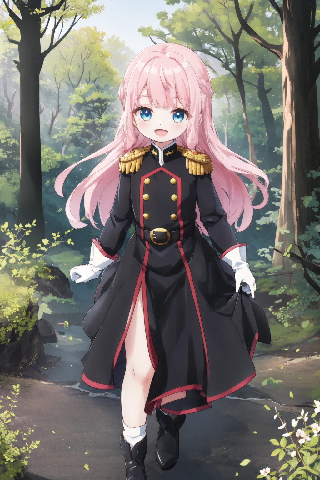 mato uniform, outdoors, forest, nature, long hair, pink hair, flat chest, blue eyes, smile, :d, looking at viewer, long dress, black dress, long sleeves, white gloves full body, epaulettes, <lora:mato:0.6>