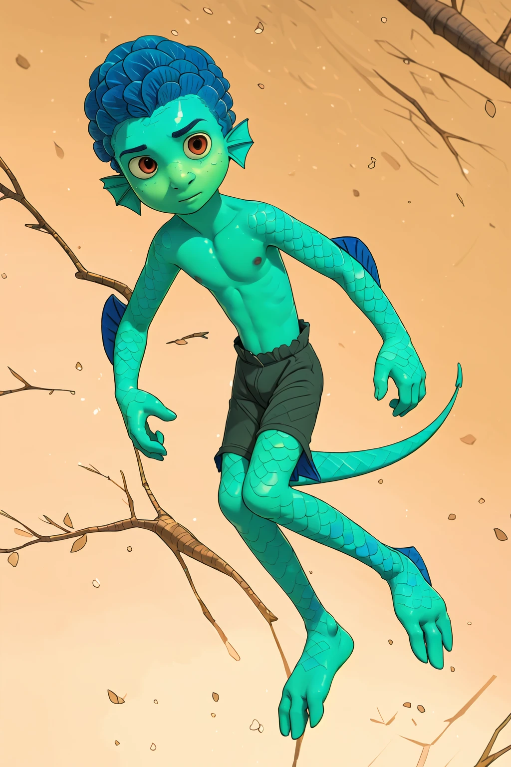 high quality, highres, masterpiece, 3d, lucafish, young boy, drunkh, full body,  <lora:Luca-000015:1>, shorts, shirtless, blue skin, scales