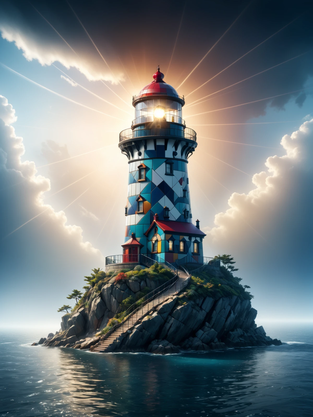 colorful mad-mosaic-sdxl-v2 lighthouse on a floating island in the clouds, haze, god rays, cinematic shot, detailed illustration <lora:Colorful_Mosaic_SDXL_v2:0.6>, (masterpiece:1.2), best quality