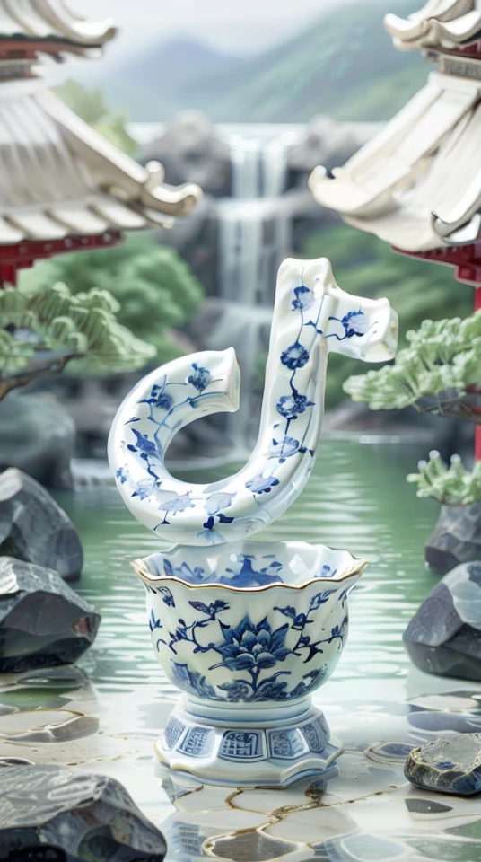 Masterpiece,blue and white porcelain,ceramic mastery,traditional Chinese ceramics with fine painted details,no human figures,masterpiece of Chinese traditional art,cultural relic,famous ceramic artwork,flawless craftsmanship,cinematic lighting and bloom,enhanced bokeh effect,commercial presentation of porcelain,hyper-realistic render of porcelain details,close-up view with sharp focus,high-resolution 8k UHD,raw and intricate details,showcasing Chinese landscape elements like mountains,fog,pines,waterfalls,stones,and rivers without overshadowing the porcelain's intricate design,