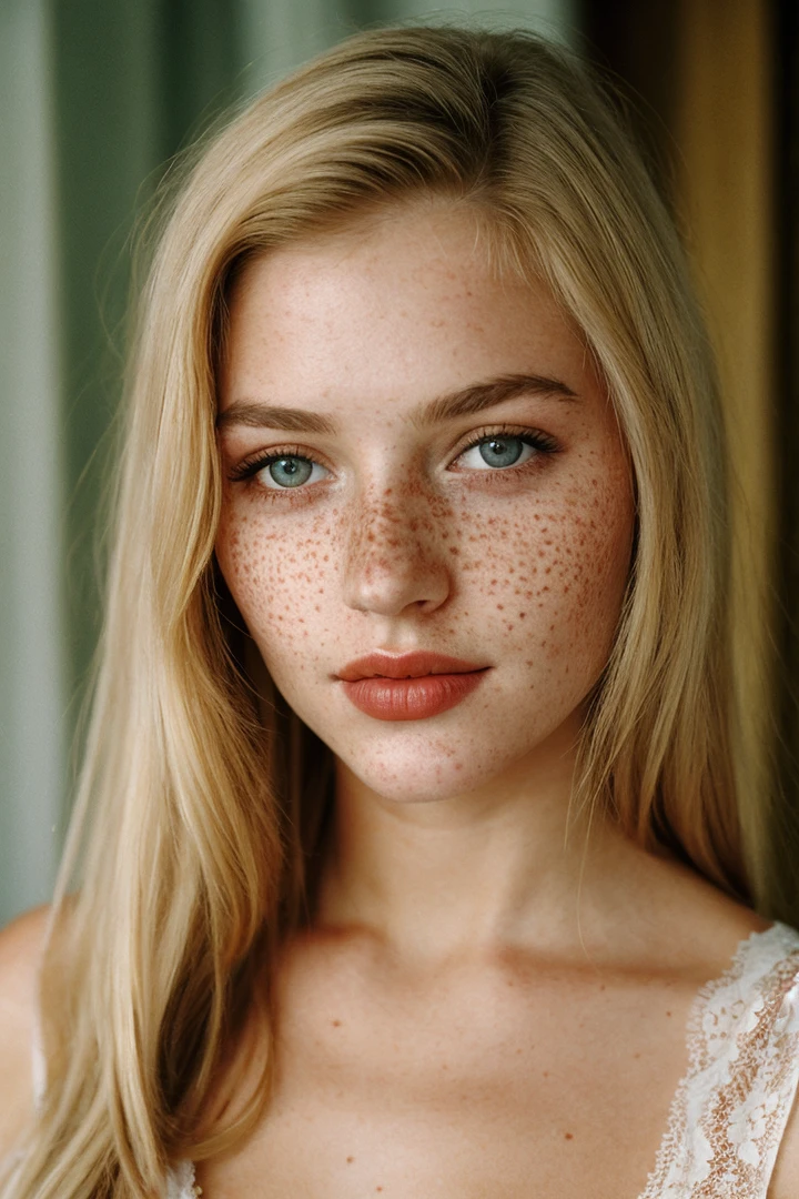 analog photo,ussr,film grain,Beautiful blonde young woman with freckles,full lips,lace clothes