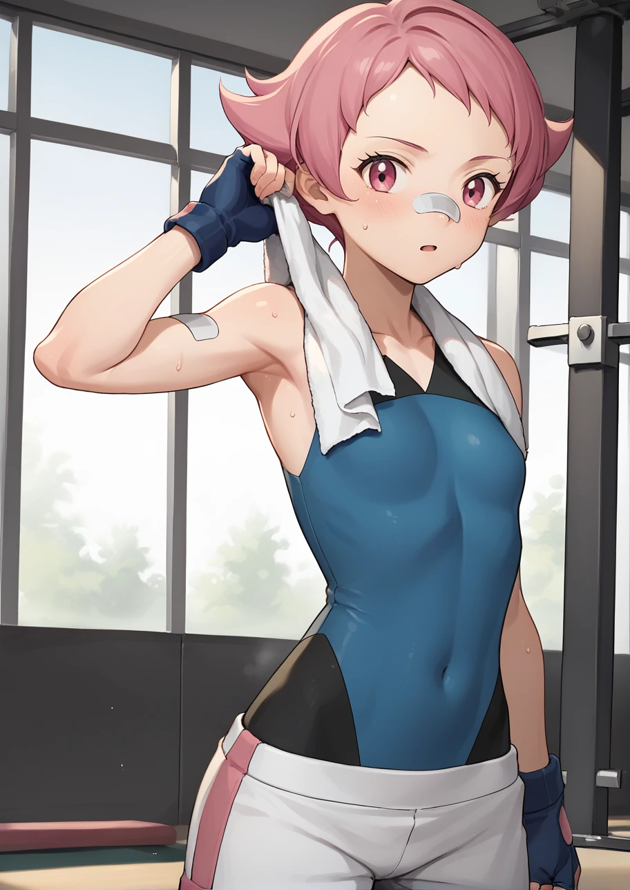 score_9,score_8_up,score_7_up,score_6_up,source anime BREAK, solo, flat colors,
indoors, gym, looking at viewer, sweat, bottle, towel, towel around neck, 
1girl, maylene (pokemon), pink eyes, pink hair, small breasts, short hair, eyelashes, pointy hair,
white pants, blue gloves, bandaid on nose, bandaid, bandaid on arm, bodysuit, fingerless gloves, spandex, sleeveless,
<lora:maylene_v1_0:1>