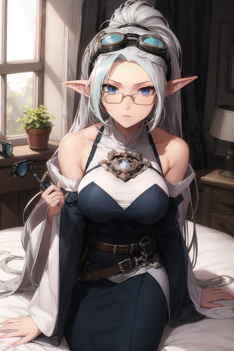 masterpiece,best quality,monika1,background,bed sheet,windows,sun light through windows,bent over,<lora:monika1-000018:0.6>,pointy ear,very long hair,glasses,belt,blue eyes,wide sleeves,detached sleeves,dress,high pony tail,bare shoulders,large breasts,armor,goggles,goggles on head,grey hair,