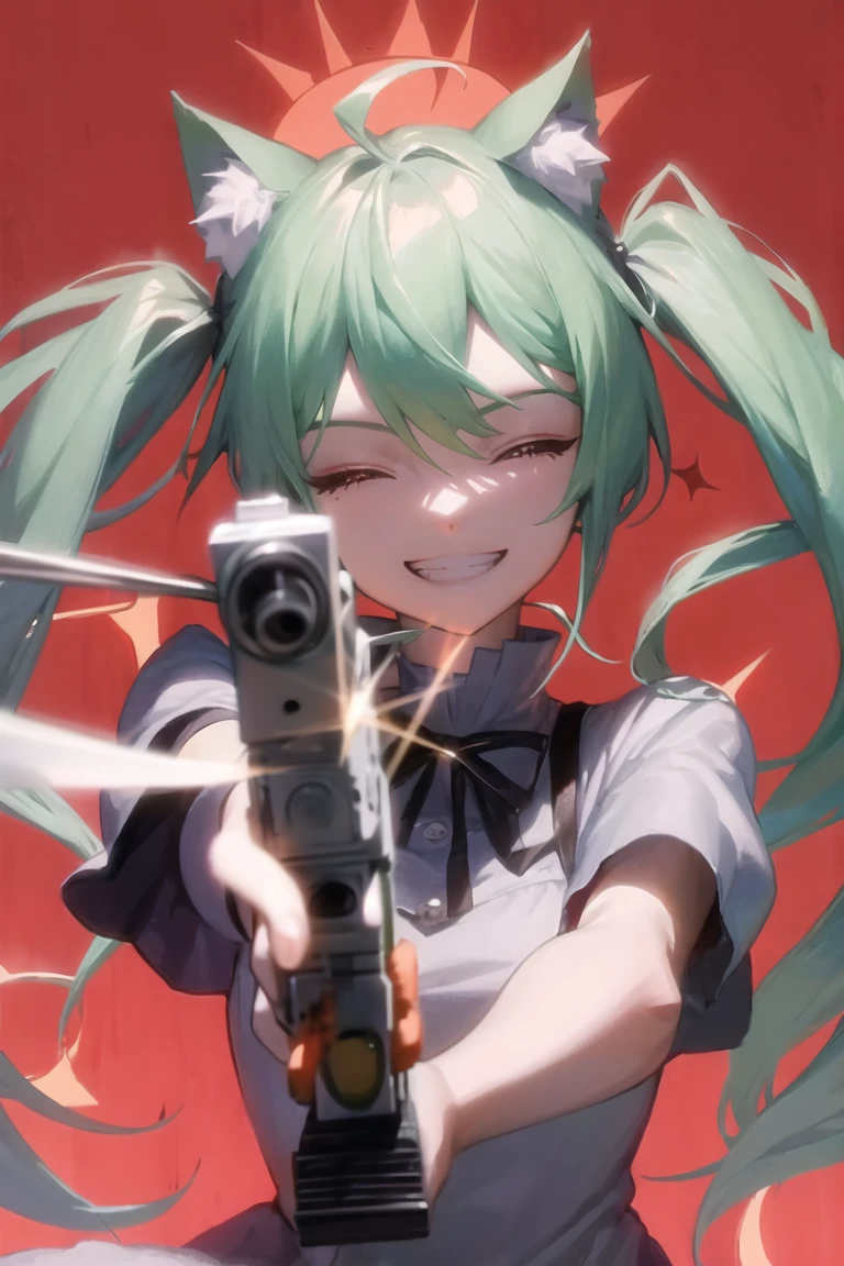 (masterpiece),best quality,1girl,gun,animal ears,solo,closed eyes,twintails,smile,holding gun,dress,aiming at viewer,short sleeves,handgun,animal ear fluff,upper body,grin,teeth,