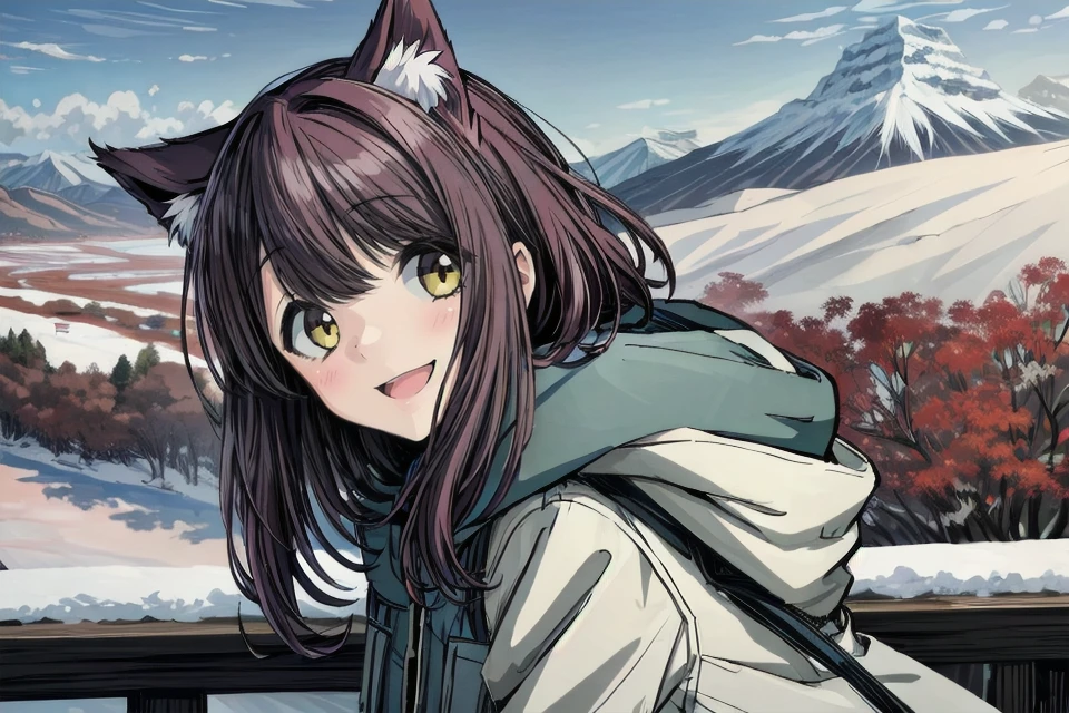 1girl, (masterpiece:1.2), (best quality:1.2), (high resolution:1.2), toki ayano, cat ears, mountains, snow, looking at viewer, smile <lora:AyanoToki:0.6> <lora:add_detail:1>