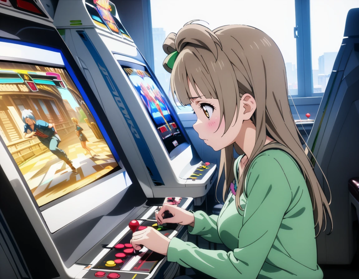 masterpiece, best quality, ultra detailed, highres,4k,(ultra-detailed:1.4) (illustration:0.5), (ray tracing,:0.8),(anime colored:0.7),(ai-generated:0.5),
1girl,solo,
minami kotori, love live!,
scared,
<lora:arcadegameXL1:1>,arcadegame,
arcade cabinet,playing games,video game,holding joystick,display,sitting, looking down,