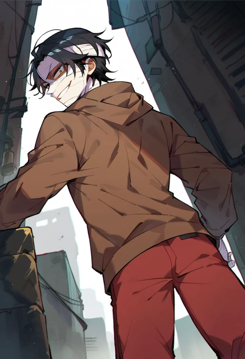 (score_9, score_8_up:1.1), score_7_up, isaac foster, 1boy, black hair, hood up, black eyes, yellow eyes, heterochromia, bandages, bandaged head, bangaded body, brown hoodie, red pants, smile, looking at viewer, from below, back alley