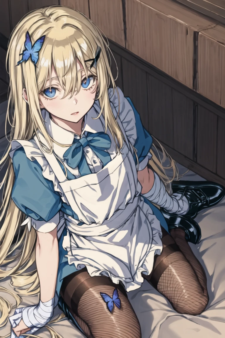 (masterpiece),best quality,three-quarter view,from_above,sitting,wariza,between_legs,fishnets,thighhighs,
1girl,solo,blonde hair,long hair,dress,butterfly hair ornament,bandages,bowtie,striped bow,hair between eyes,puffy sleeves,apron,striped,short sleeves,pantyhose,bandaged arm,alice \(alice in wonderland\),