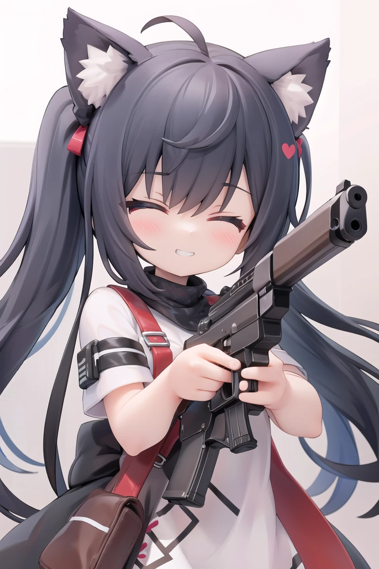 (masterpiece),best quality,1girl,gun,animal ears,solo,closed eyes,twintails,smile,holding gun,dress,aiming at viewer,short sleeves,handgun,animal ear fluff,upper body,grin,teeth,