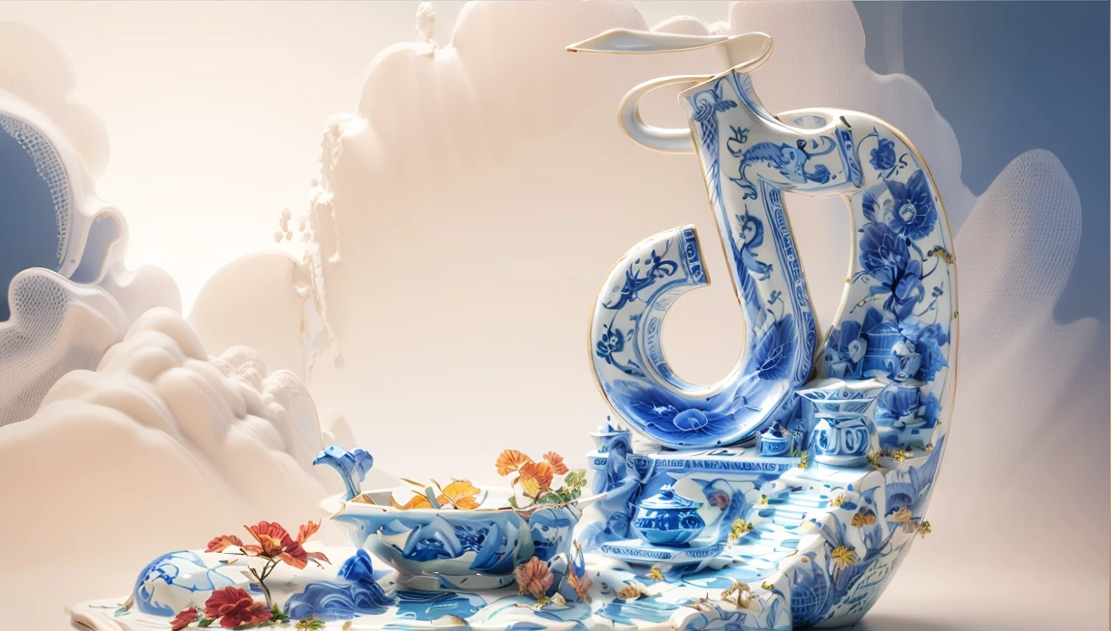 Masterpiece,blue and white porcelain,ceramic mastery,traditional Chinese ceramics with fine painted details,no human figures,masterpiece of Chinese traditional art,cultural relic,famous ceramic artwork,flawless craftsmanship,cinematic lighting and bloom,enhanced bokeh effect,commercial presentation of porcelain,hyper-realistic render of porcelain details,close-up view with sharp focus,high-resolution 8k UHD,raw and intricate details,showcasing Chinese landscape elements like mountains,fog,pines,waterfalls,stones,and rivers without overshadowing the porcelain's intricate design,no humans,