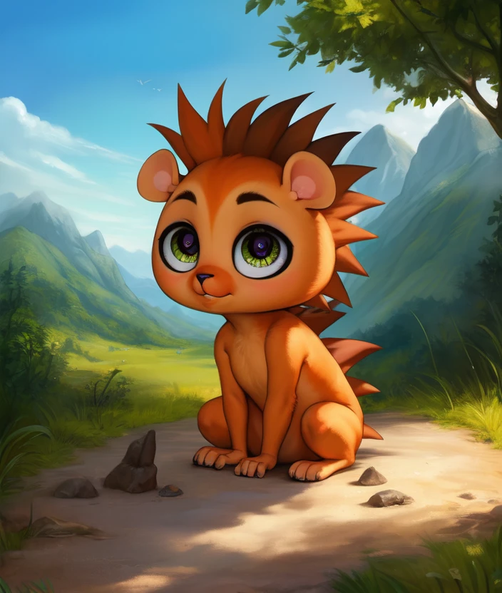 <lora:RussellFergusonCartoon:1> RussellFergusonCartoon,  [road, earth, forest, trees, sky, clouds, mountains,]    Hedgehog, Orange fur, green eyes,
textured fur, solo,  looking at viewer, to his full height,  (beautiful, aesthetic, perfect, delicate, intricate, masterpiece, )   chibi,(all fours, cowgirl position,)
[by kenket|by totesfleisch8], by thebigslick:by silverfox5213:0.8], [by syuro, by paloma-paloma::0.2, (Tricksta, TotesFleisch8)