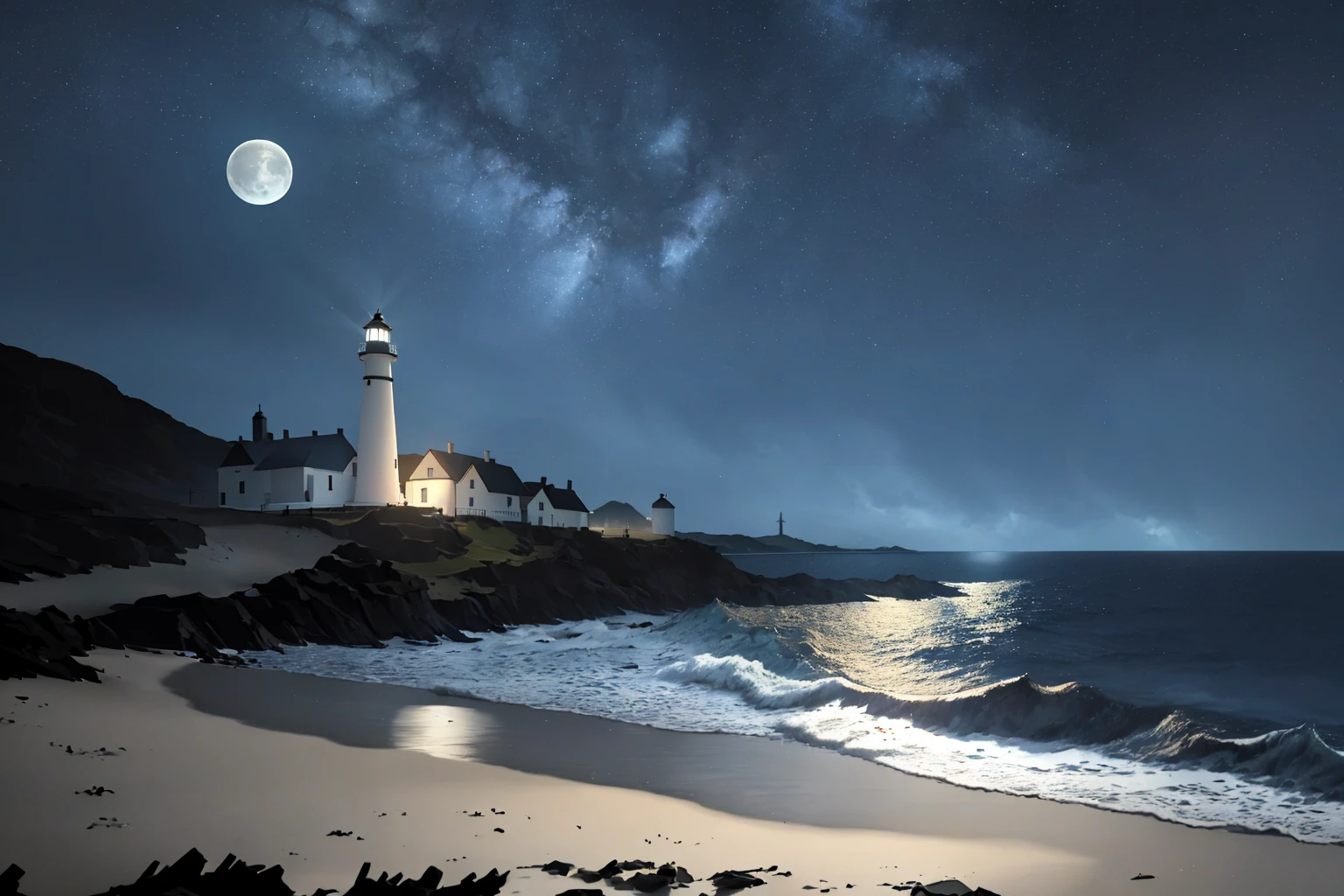 masterpiece, ultra-detailed, best quality, illustration, 8k cg wallpaper, an extremely delicate and beautiful, stunning landscape, beach, lighthouse, moon, stars, clouds, intricately detailed items in background, <lora:Inside:1>