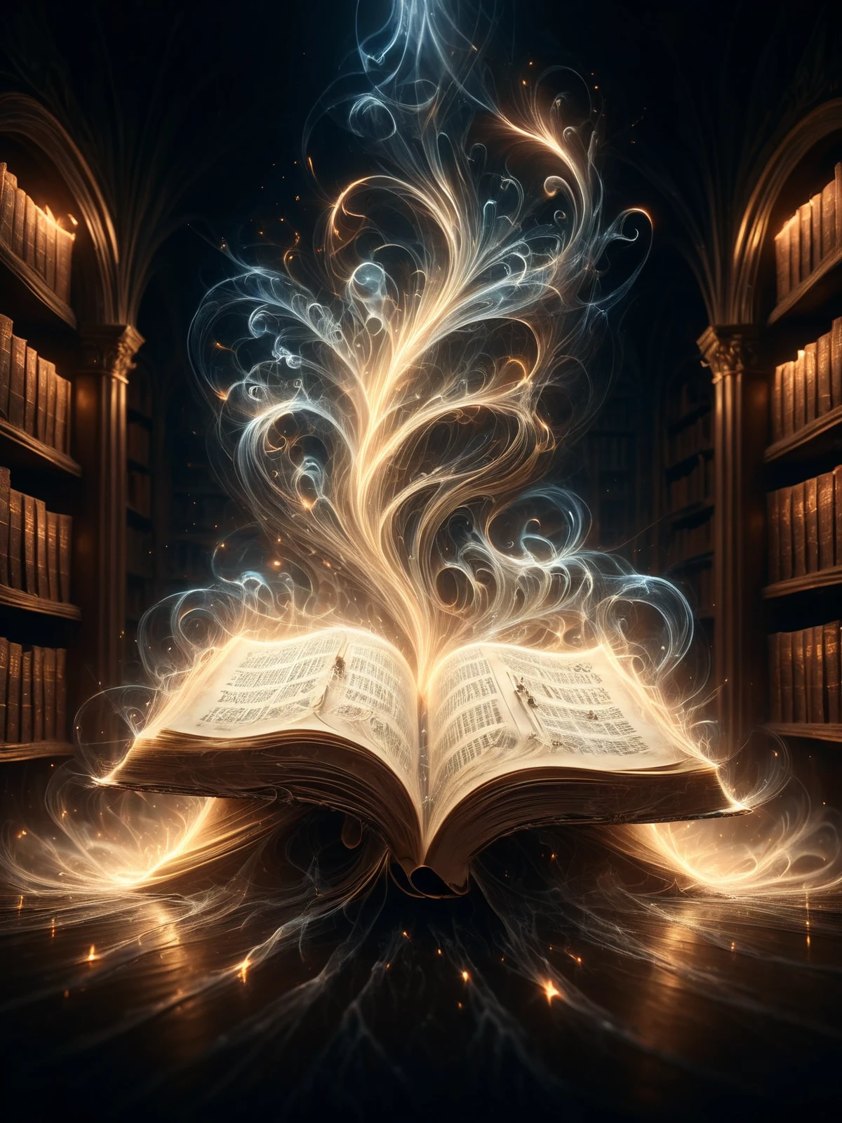 magic book in fantasy libary, letters evaporate into mad-wsps, dynamic pose, cinematic shot, dramatic lighting,<lora:Wisps_of_Light_SDXL:1.2>, masterpiece, best quality, ultra high res, (photorealistic, realistic:1.2), deep shadow, raw photo, film grain, Fujifilm XT3, 8k uhd, dslr