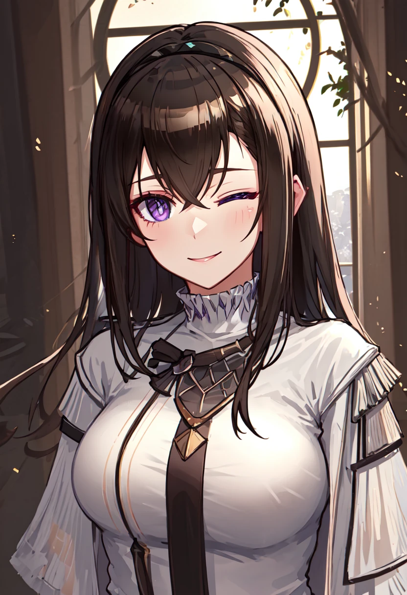 best quality, masterpiece, highres, solo, (priestess_arknights:1.10), smile, happy, one eye closed, portrait, looking at viewer, 28 <lora:priestess_arknights:0.80>