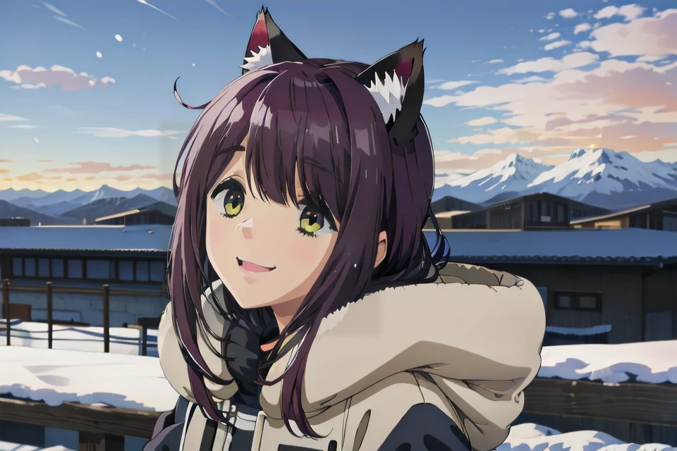 1girl, (masterpiece:1.2), (best quality:1.2), (high resolution:1.2), toki ayano,  cat ears, mountains, snow, looking at viewer, smile, colorful, high contrast  <lora:AyanoToki:0.8>