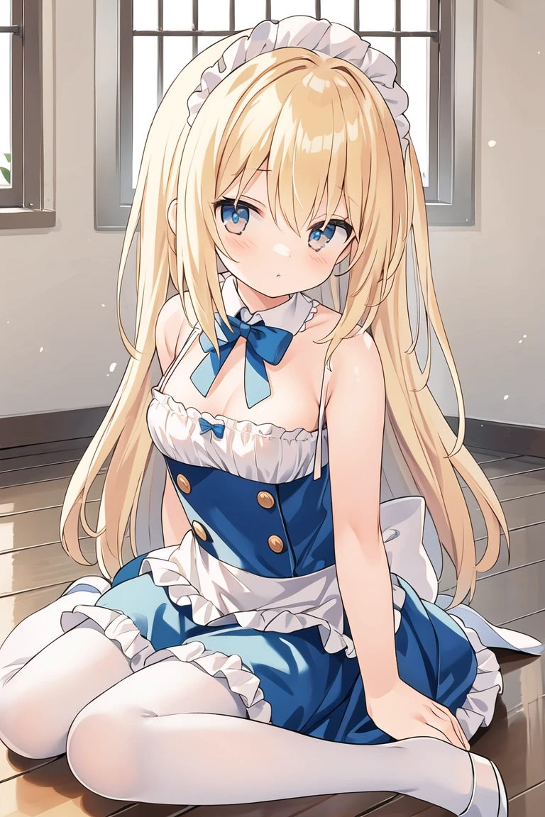 (masterpiece),best quality,sitting,wariza,(masterpiece),best quality,portrait,upper_body,1girl,solo,blonde hair,long hair,dress,butterfly hair ornament,bandages,bowtie,striped bow,hair between eyes,puffy sleeves,apron,striped,short sleeves,pantyhose,bandaged arm,alice \(alice in wonderland\),