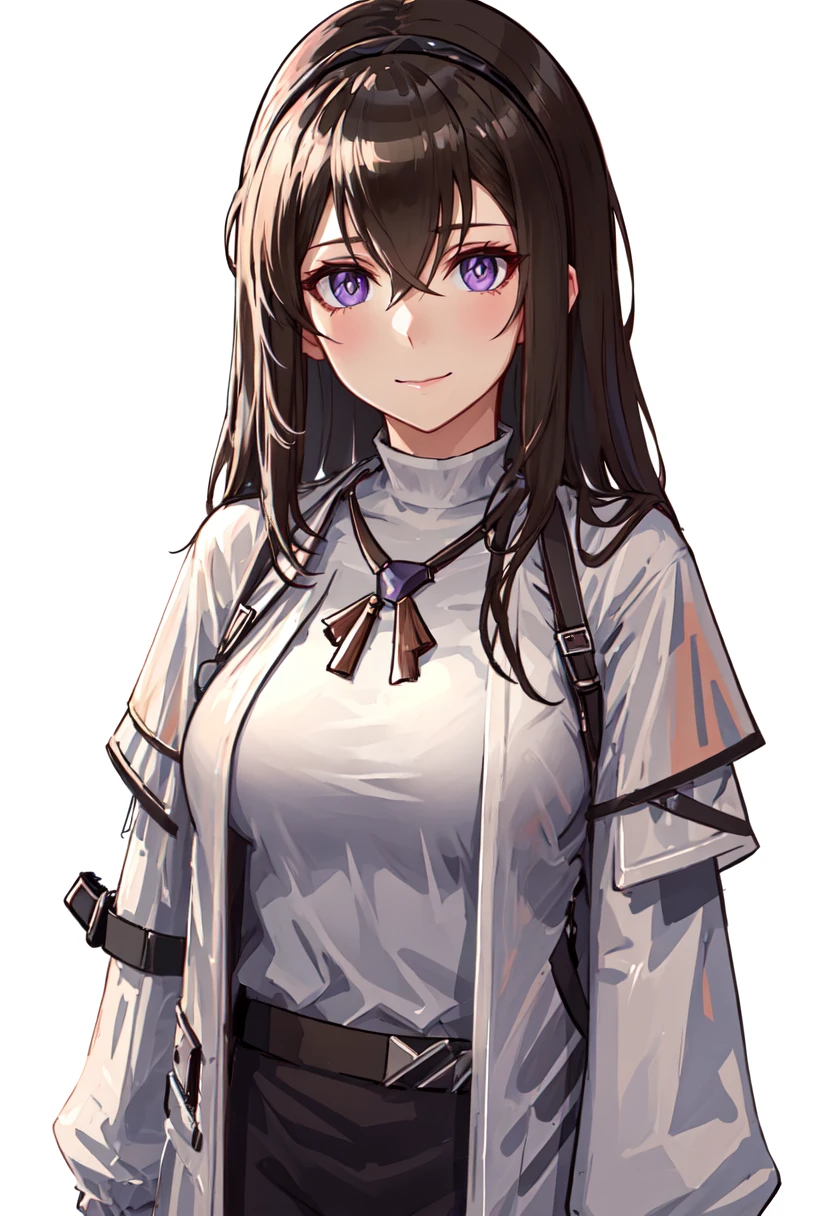 best quality, masterpiece, highres, solo, (priestess_arknights:1.10), 1girl, looking at viewer, smile, simple background, long sleeves, white background, closed mouth, shirt, upper body, jacket, open clothes, 0 <lora:priestess_arknights:0.80>