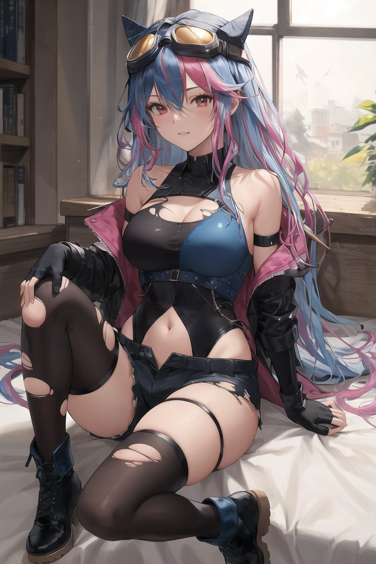 masterpiece,best quality,lvren1,background,bed sheet,windows,sun light through windows,bed sheet,<lora:lvren1-000012:0.6>,multicolored hair,long hair,blue hair,pink hair,hair ornament,gloves,thighhighs,streaked hair,shorts,jacket,bangs,hair between eyes,skindentation,torn clothes,covered navel,goggles,goggles on head,boots,bare shoulders,leotard,sitting,