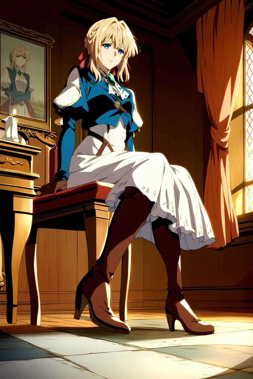 ,score_9, score_8_up, (score_7_up), source_anime,anime coloring,anime,(anime screencap),,zPDXL,
,detailed background,, day, the Victorian era, medieval, libraries, kerosene lamps, writing, letters, fountain pens, indoors, wooden wall, sitting, 
 F: ,blue jacket, brown gloves, cropped jacket,, gloves, green brooch, jacket, juliet sleeves, long sleeves, puffy sleeves, (white dress:0.4), short skirt, short dress, 
,knee boots, lace up boots, brown footwear,  high heel boots,,(white thighhighs), (lace),,
,, violetevergarden,violet evergarden, blonde hair, blue eyes, hair ribbon, ribbon, short hair, braids, hair braids, red ribbon, 1girl, ,from below, 
, <lora:Violet_Evergarden_PonyXL_v1:0.7>