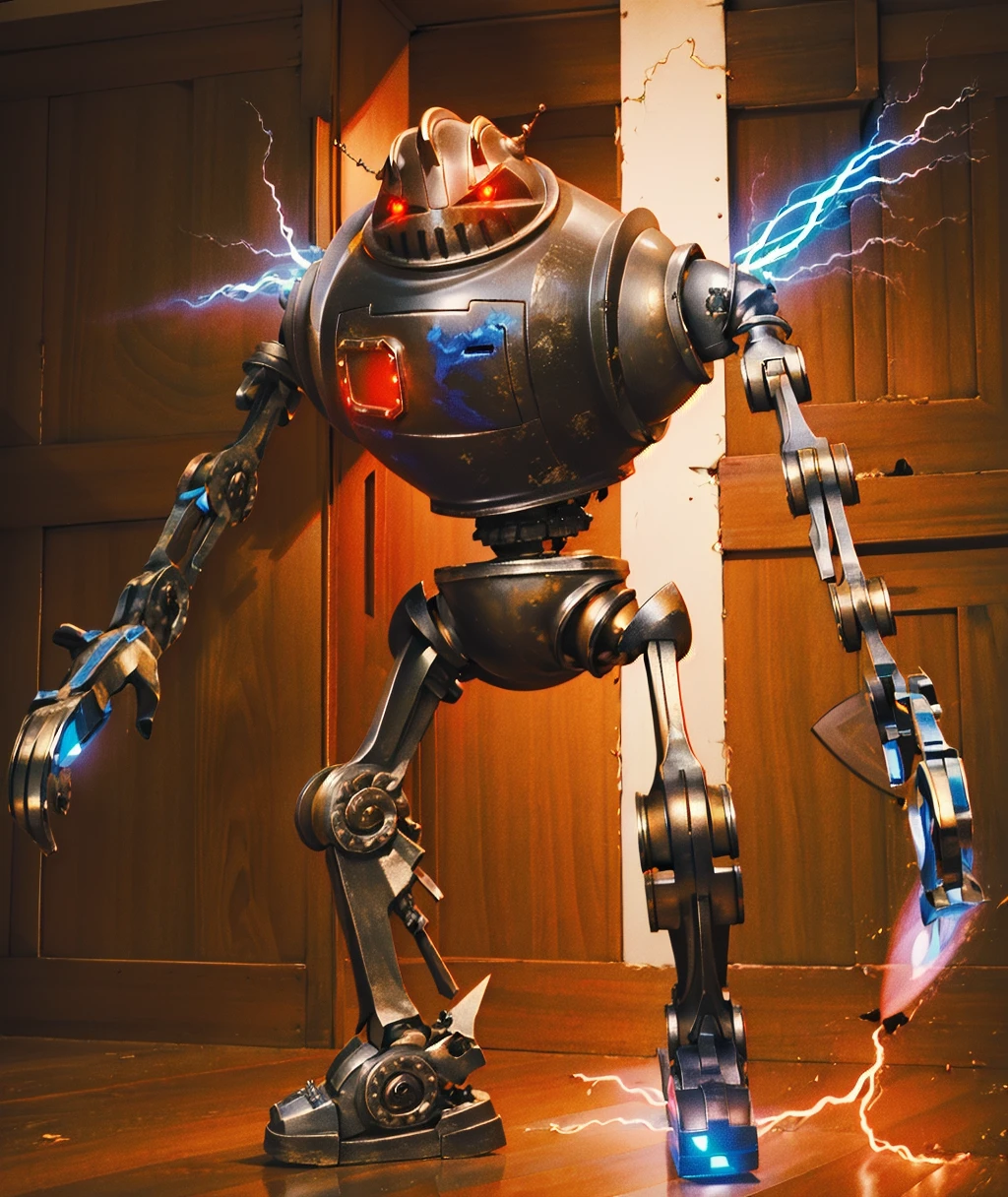 full body, highres, (wide shot, titanium, no humans, flying, robot(zathura), lace-up dress, electricity:1.25), In this extremely detailed and intricate mythological masterpiece, the artwork shows a robot is floating, accelerated by booster at feet. Electricity flows from one antennae to other antennae of the robot. The robot is fuming. Its mechanical hands are transformed into circular saw, rotating and making whirring sound. Mechanical dress tightens and accentuates robot's stocky build chassis, as intricate robot joints absorbs the light, creating a stunning reflective sheen. (glowing eyes, clothed robot, circular saw:1.25), (machine, dress, spinel brooch, robot head, mechanical eyes, red eyes, mechanical horns, antennae, ð¤:1.35), (glowing armor, radiant god rays, chrome metal, polishing, robot joints:1.3), zathura, humanoid robot, <lora:M-Z.ROBOT:0.43>