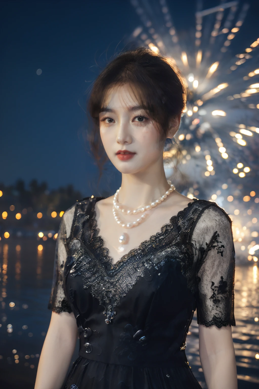 solo,1girl,dress,black hair,realistic,upper body,looking at viewer,elegant girl,(Vintage_lace_dress:1.5),(Pearl_necklace:1.4),fire,fireworks,night,<lora:disillusion Â· fireworks:1>,