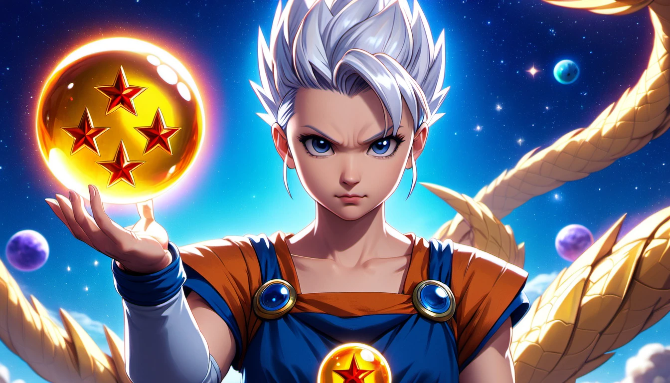 (((masterpiece))) , (((best quality))) , anime style, 2d, well-built charming 1girl, solo, lovely 1girl, FourStar, beautiful gorgeous Jeremy Renner, holding the four star dragon ball, she has Shaved sides hair, key visual, 