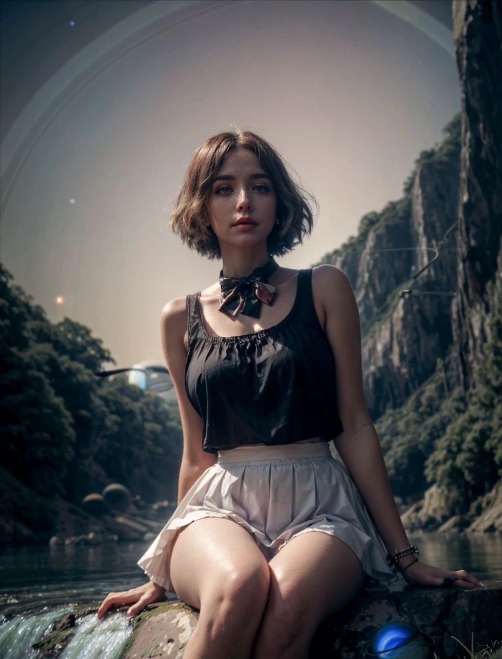 (detailed eyes), (perfect glowing skin), (heavy eyeshadow), shoulder length straight hair,  curvy fit 1girl, neck bowtie, tank top shirt, ruffled skirt, cute pose, lying in the river, at  near a waterfall, (planet saturn in the background:1.3), heavy wind, (light at side), dutch angle, (filmic, 35mm, grainy), (insane details) <lora:more_details:0.8>