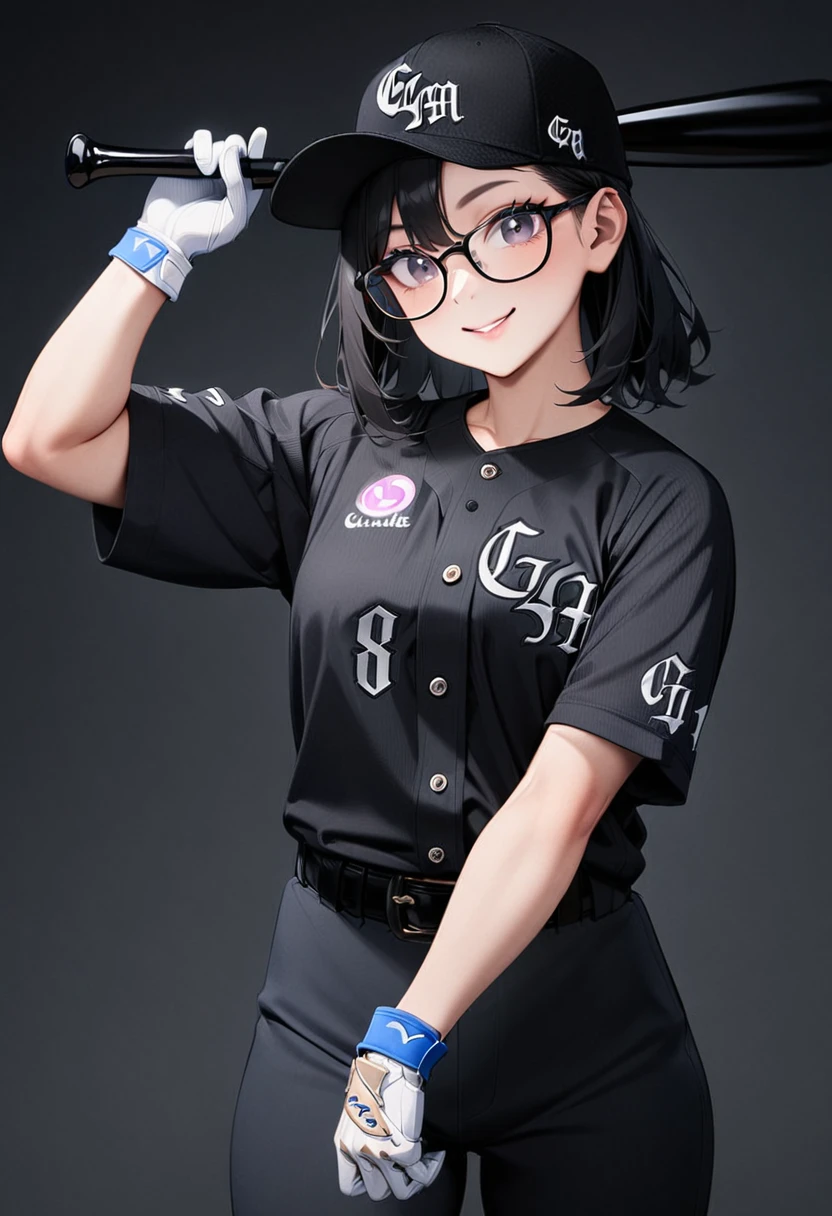 masterpiece, best quality, very aesthetic, absurdres,
1girl, solo,  glasses, black hair, medium hair, smile, looking at viewer, 
clm, baseball uniform, baseball bat, gloves, holding baseball bat, black background, belt, pants, holding, sportswear, baseball cap, baseball uniform, black shirt, shirt, black hair, simple background, cowboy shot, black belt, black pants, white gloves
 <lora:ChibaLotteMarinesNCE20024_SDXL_V1:0.8>