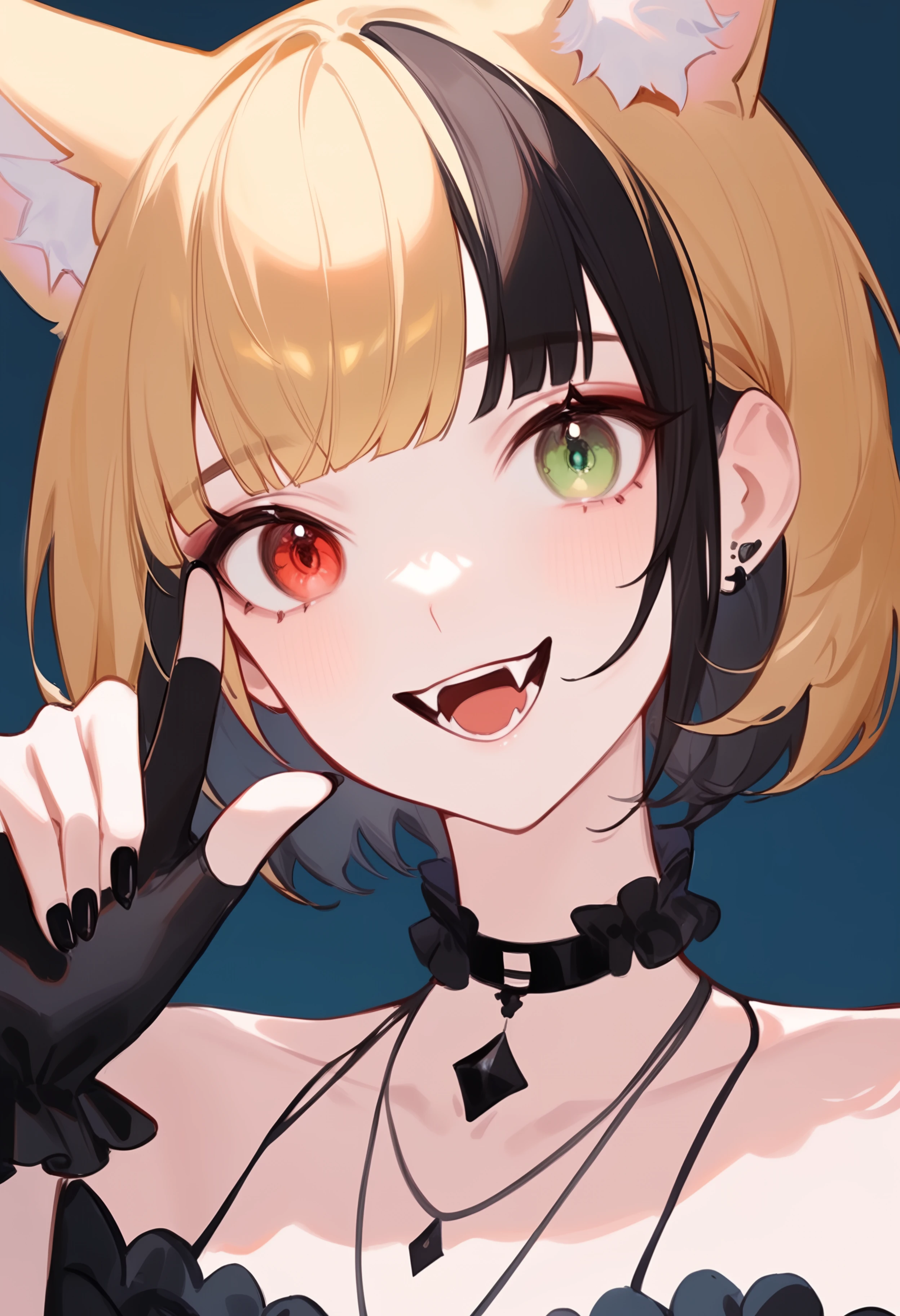 1girl,
ciloranko, maccha \(mochancc\), lobelia \(saclia\), migolu, ask \(askzy\), wanke, (jiu ye sang:1.1), (rumoon:0.9), (mizumi zumi:1.1),
close-up, fox girl, head tilt, gloves, short hair, collarbone, cat ears, animal ear fluff, finger gun to head, solo, cat girl, blunt bangs, smile, animal ears, frills, finger gun, green eyes, partially fingerless gloves, :d, portrait, blonde hair, frilled gloves, choker, fangs, open mouth, black choker, parted bangs, looking at viewer, black nails, red eyes, hair behind ear, black gloves,
masterpiece, newest, absurdres, sensitive
