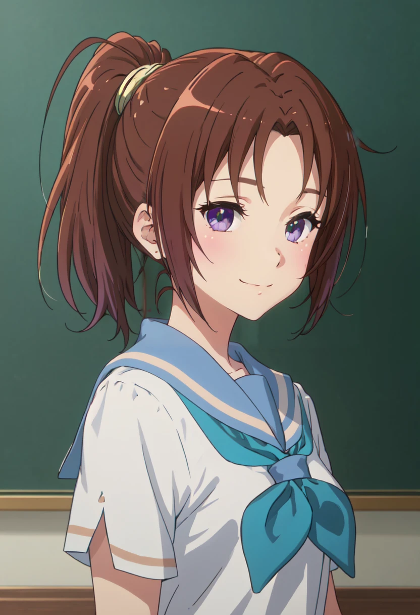 best quality, masterpiece, highres, solo, (nakagawa_natsuki_soundeuphonium:1.10), 1girl, blue neckerchief, blue sailor collar, blush, chalkboard, closed mouth, kitauji high school uniform, serafuku, white shirt, short sleeves, indoors, looking to the side, smile, anime_style, 2 <lora:nakagawa_natsuki_soundeuphonium:0.80>